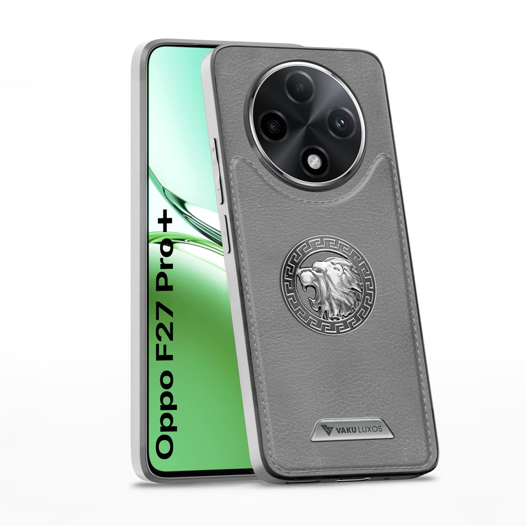 Vaku ® Oppo F27 Pro Plus 5G Regal Shield Metal Lion Engraved Leather Protective Back Cover