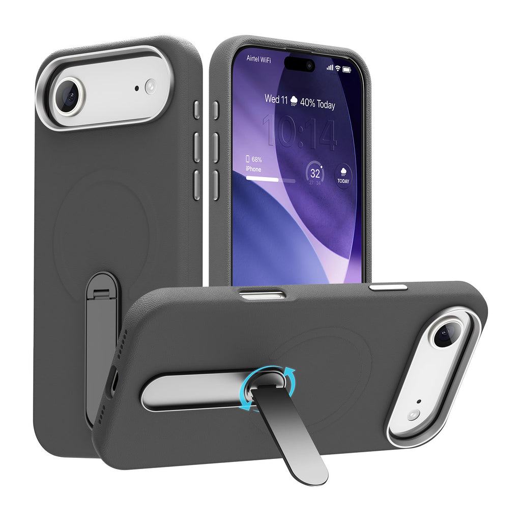 Vaku Luxos ® Apple iPhone 17 Air Zayro Magpro Leather Scratch Resistant Military-Grade Case With Alloy Metal Stand Shockproof Protective Back Cover