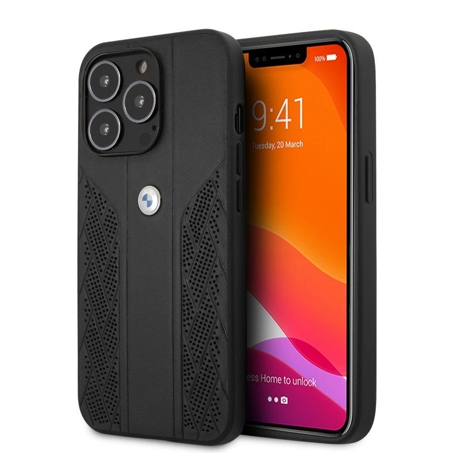 BMW ® Apple iPhone 13 Pro Real Leather Perforated Seat Pattern Curved Stripes Signature Collection Back Cover