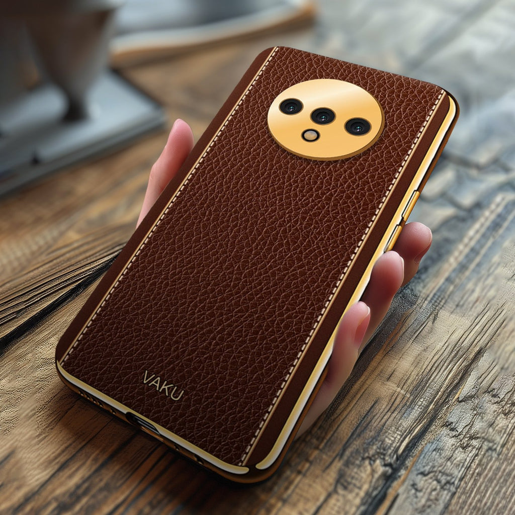 Vaku ® Oneplus 7T Luxemberg Leather Stitched Gold Electroplated Soft TPU Back Cover