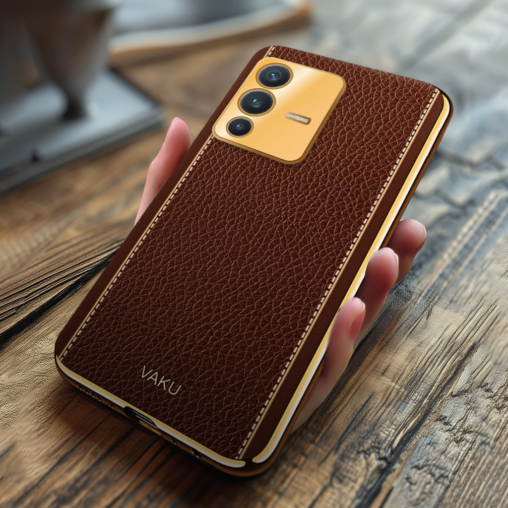 Vaku ® Vivo V23 5G Luxemberg Series Leather Stitched Gold Electroplated Soft TPU Back Cover