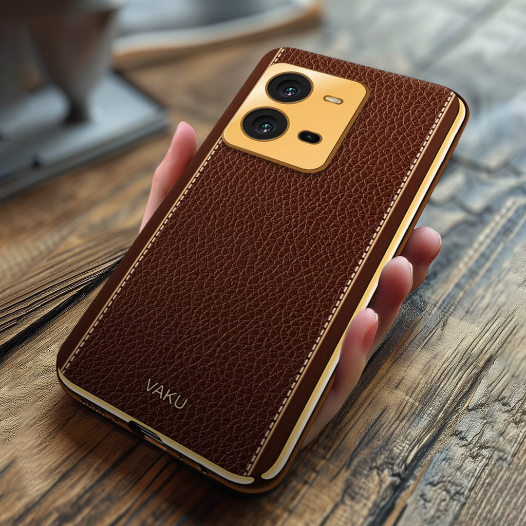 Vaku ® Vivo V25 Luxemberg Series Leather Stitched Gold Electroplated Soft TPU Back Cover