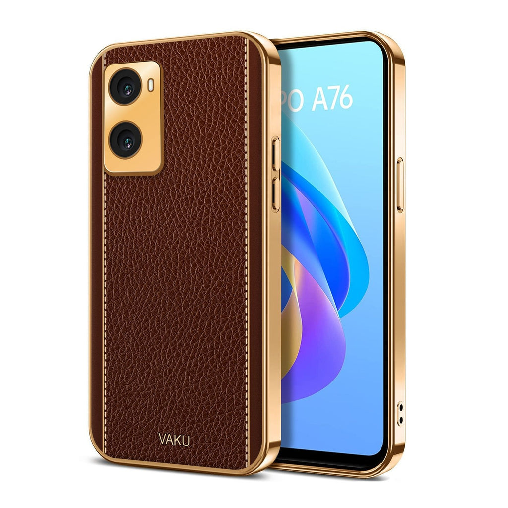 Vaku ® Oppo A76 Luxemberg Series Leather Stitched Gold Electroplated Soft TPU Back Cover