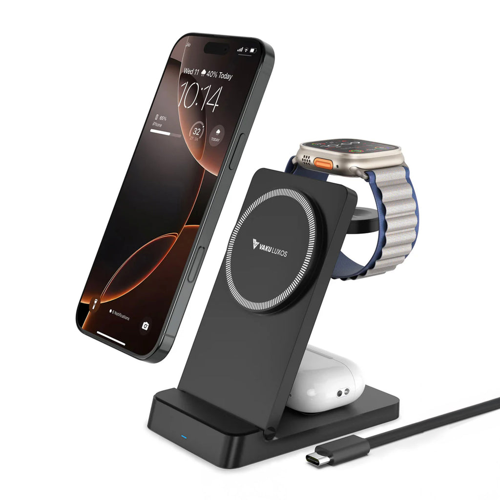 Vaku Luxos® 23W Nexfold Magnetic Wireless Mag-Safe Charger Dock Station For iPhone 16/16 Plus/16 Pro/16 Pro Max, iPhone 15 14/13/12 Series / Airpods, Apple Watch Series 4 /3 /2 /1