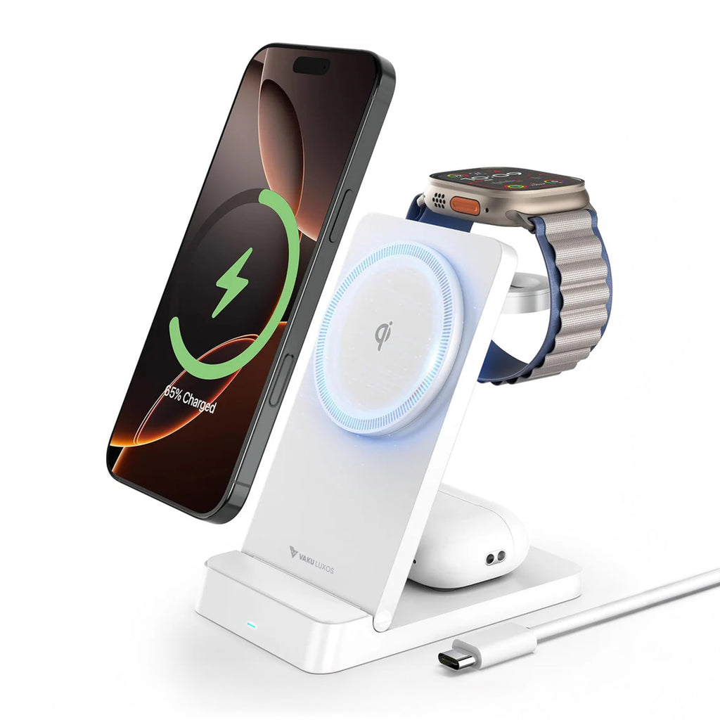 Vaku Luxos® 23W Nexfold Magnetic Wireless Mag-Safe Charger Dock Station For iPhone 17/17 Air/17 Pro/17 Pro Max, iPhone 16/15/14/13/12 Series / Airpods, Apple Watch Series 4 /3 /2 /1