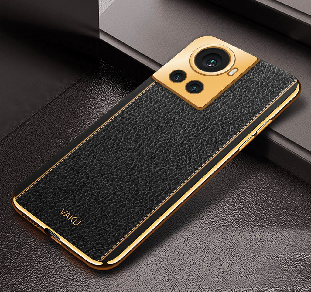 Vaku® OnePlus 10R Luxemberg Series Leather Stitched Gold Electroplated Soft TPU Back Cover