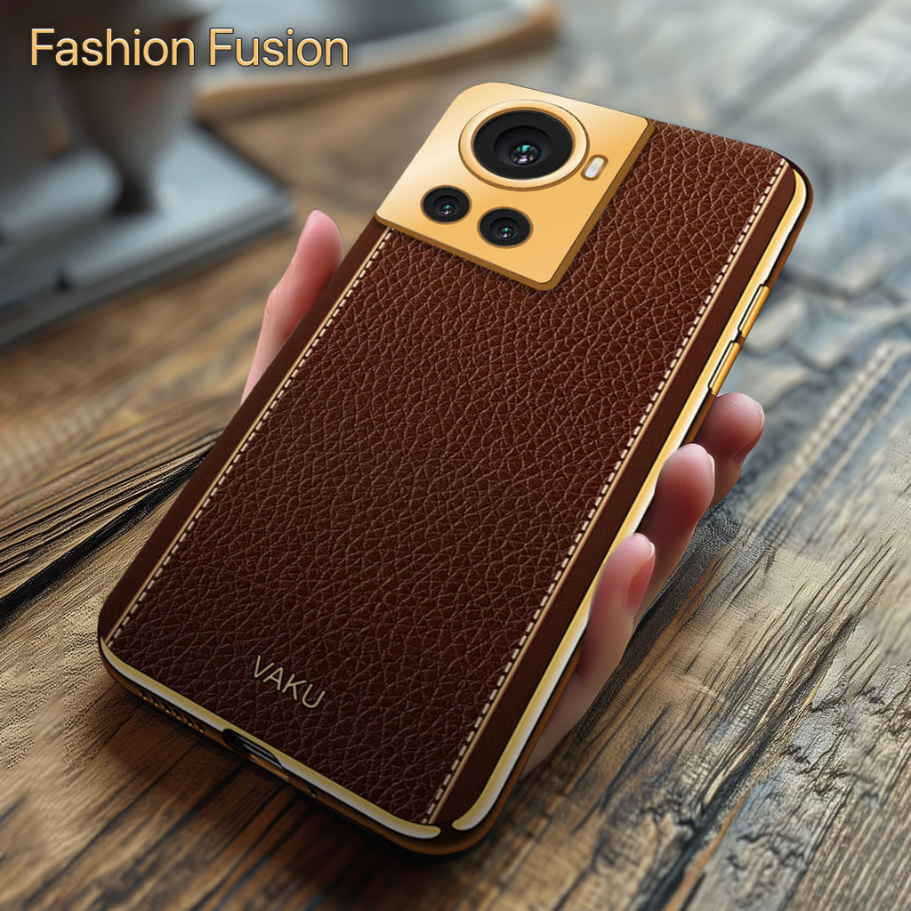 Vaku ® OnePlus 10R Luxemberg Series Leather Stitched Gold Electroplated Soft TPU Back Cover