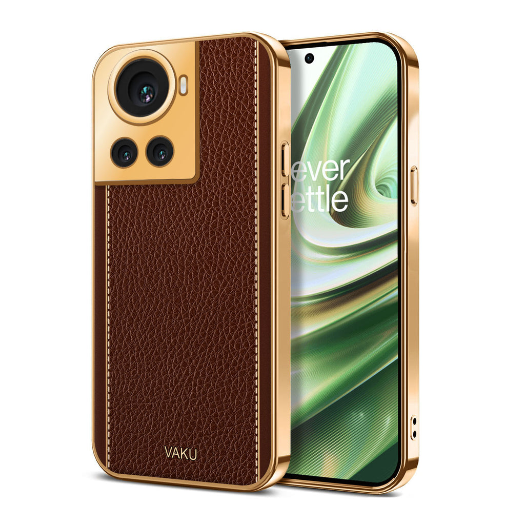 Vaku ® OnePlus 10R Luxemberg Series Leather Stitched Gold Electroplated Soft TPU Back Cover