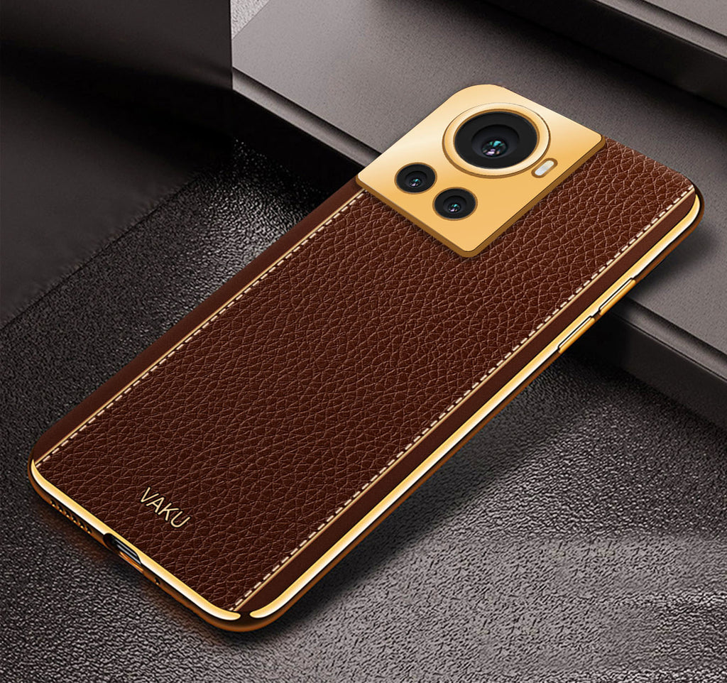 Vaku® OnePlus 10R Luxemberg Series Leather Stitched Gold Electroplated Soft TPU Back Cover