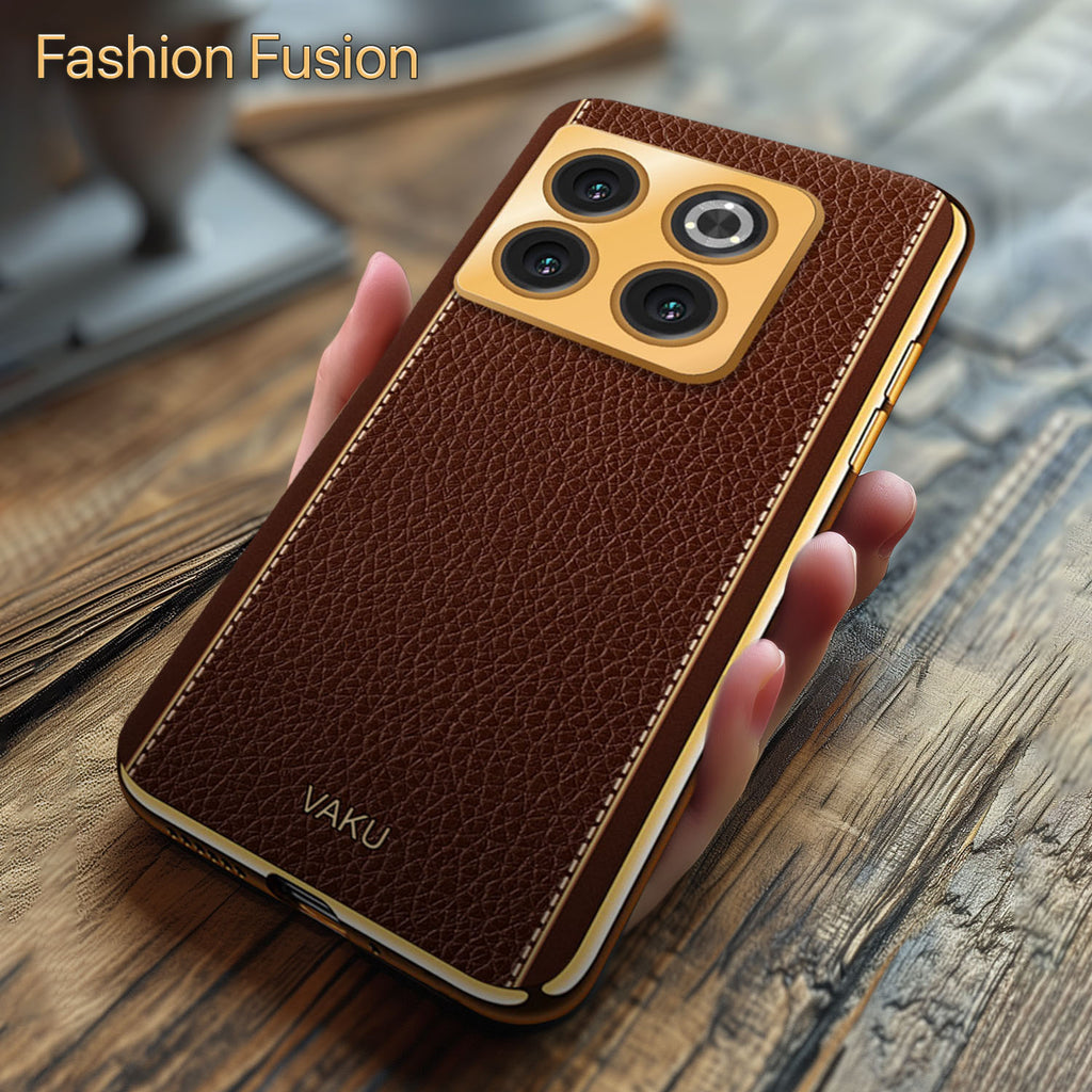 Vaku ® OnePlus 10T 5G Luxemberg Series Leather Stitched Gold Electroplated Soft TPU Back Cover