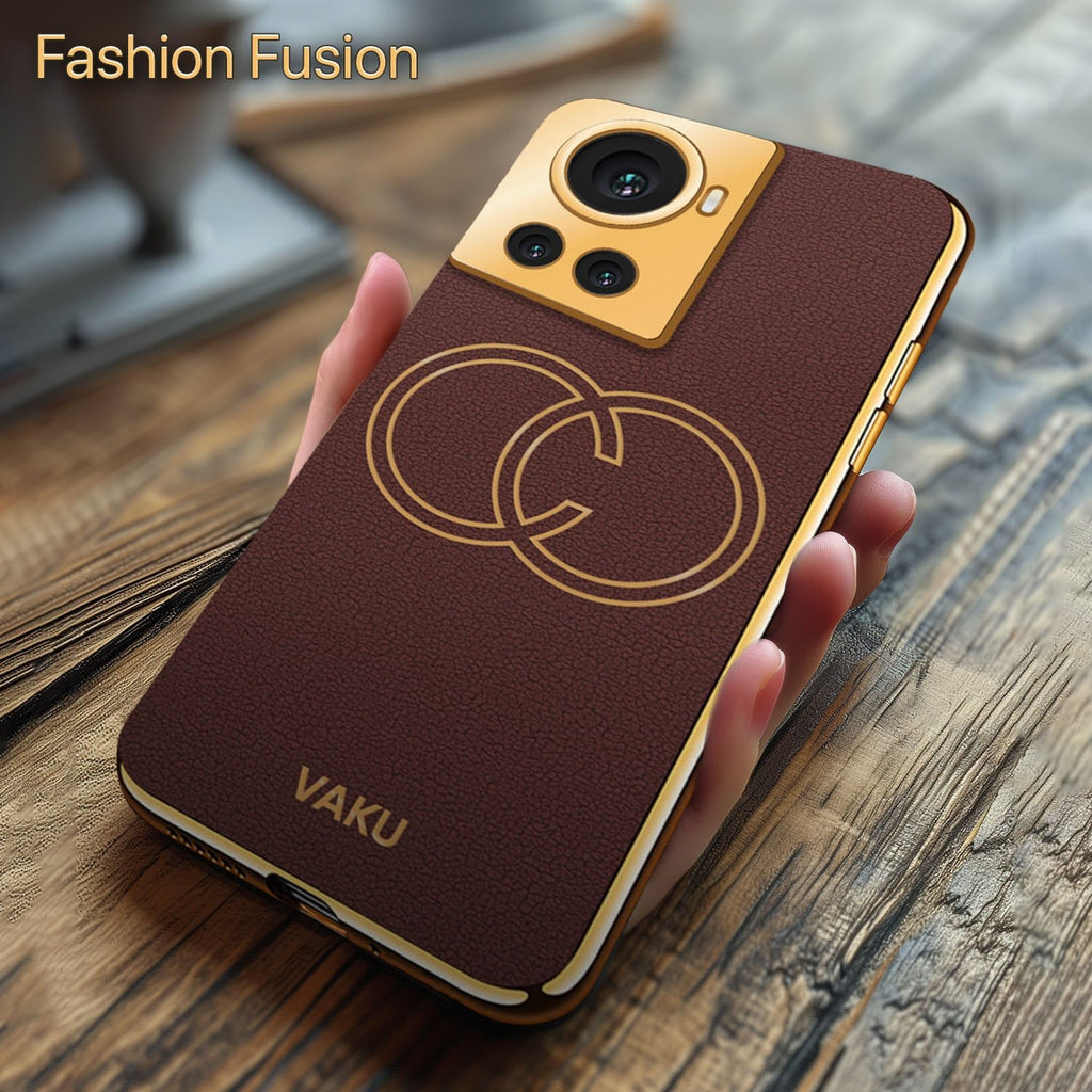 Vaku ® OnePlus 10R Skylar Series Leather Stitched Gold Electroplated Soft TPU Back Cover