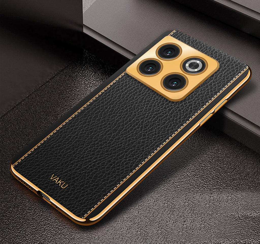 Vaku® OnePlus 10T 5G Luxemberg Series Leather Stitched Gold Electroplated Soft TPU Back Cover
