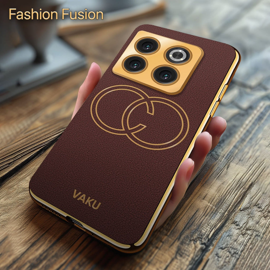 Vaku ® OnePlus 10T Skylar Series Leather Stitched Gold Electroplated Soft TPU Back Cover