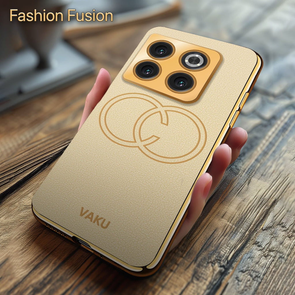 Vaku ® OnePlus 10T Skylar Series Leather Stitched Gold Electroplated Soft TPU Back Cover