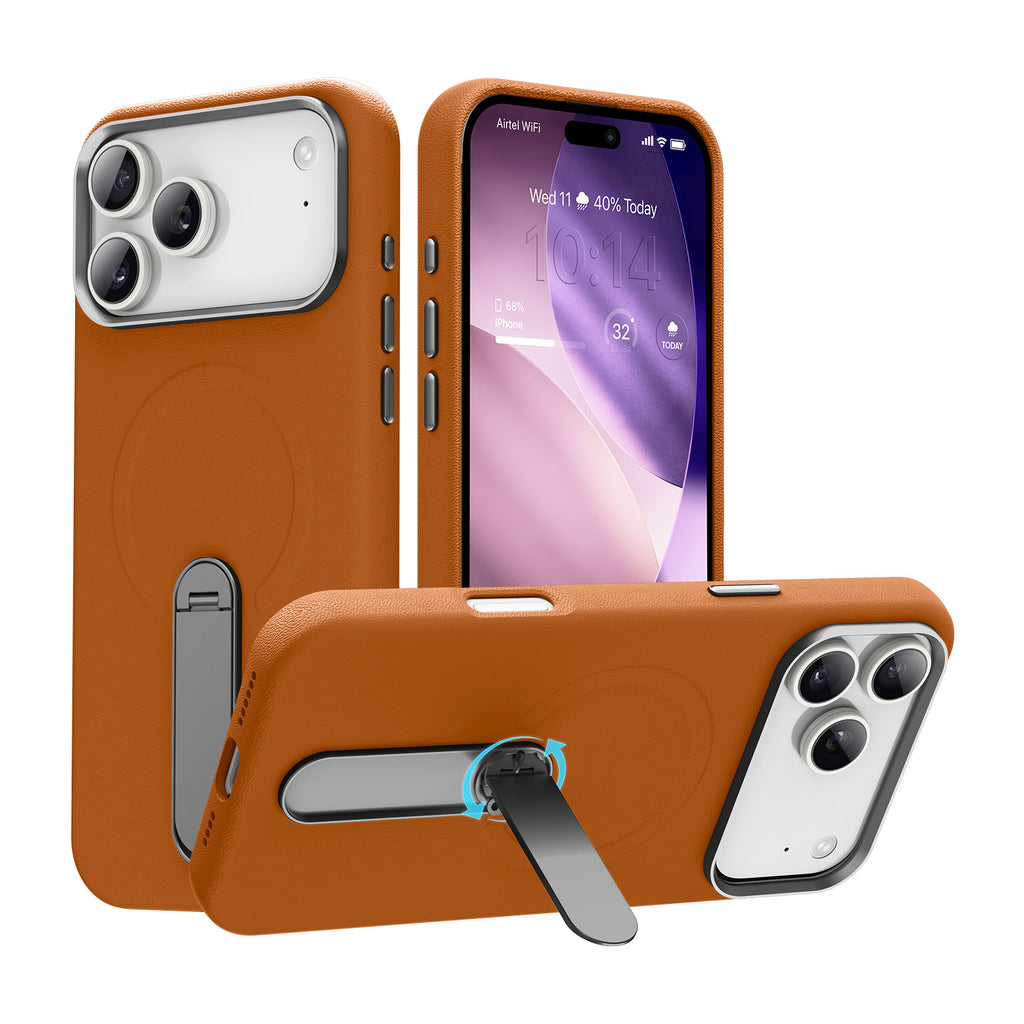 Vaku Luxos ® Apple iPhone 17 Pro Max Zayro Magpro Leather Scratch Resistant Military-Grade Case With Alloy Metal Stand Shockproof Protective Back Cover