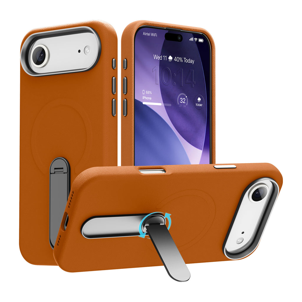 Vaku Luxos ® Apple iPhone 17 Air Zayro Magpro Leather Scratch Resistant Military-Grade Case With Alloy Metal Stand Shockproof Protective Back Cover