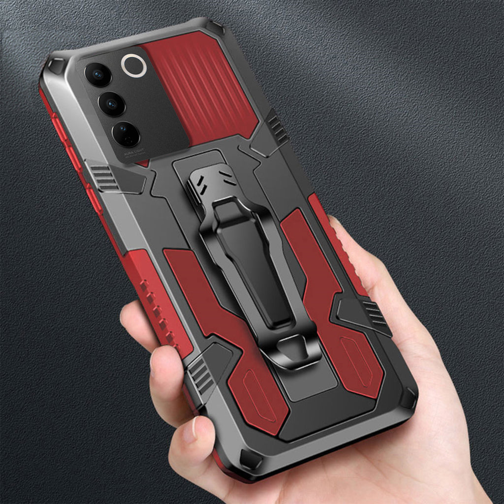 Vaku ® Vivo V27 5G Vanguard Military Grade Armor Case with Metal Belt Clip Kickstand Back Cover