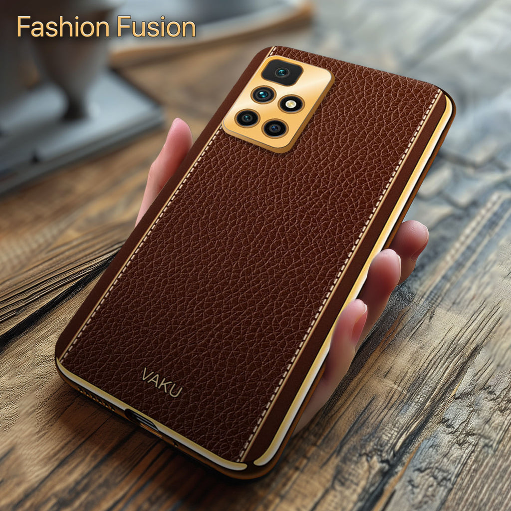 Vaku ® Xiaomi Redmi 10 Prime Luxemberg Series Leather Stitched Gold Electroplated Soft TPU Back Cover