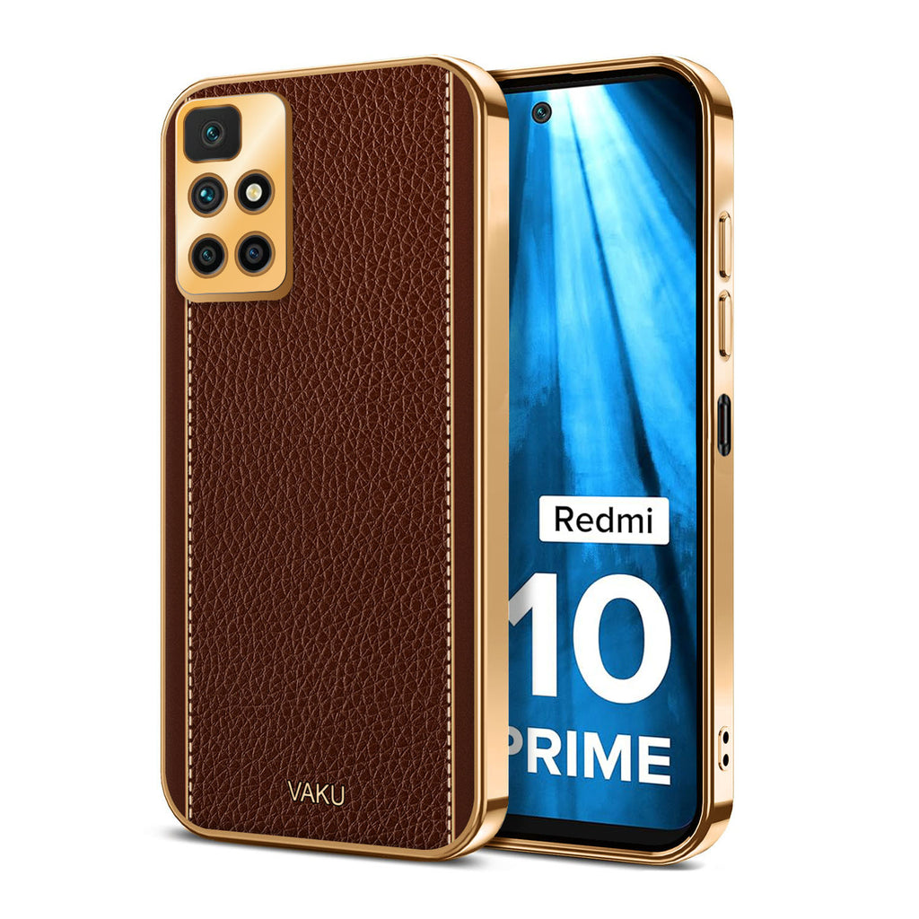 Vaku ® Xiaomi Redmi 10 Prime Luxemberg Series Leather Stitched Gold Electroplated Soft TPU Back Cover