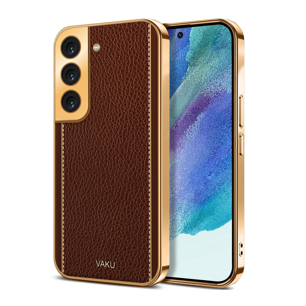 Vaku ® Samsung Galaxy S21 FE 5G Luxemberg Series Leather Stitched Gold Electroplated Soft TPU Back Cover