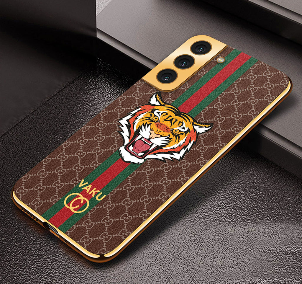 Vaku ® Samsung Galaxy S21 FE Lynx Leather Stitched Gold Electroplated Soft TPU Back Cover