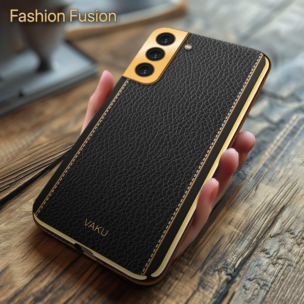 Vaku ® Samsung Galaxy S22 Plus Luxemberg Series Leather Stitched Gold Electroplated Soft TPU Back Cover