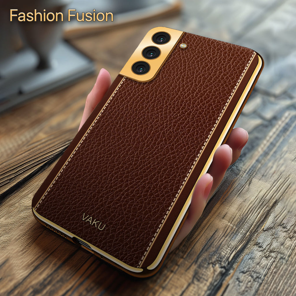 Vaku ® Samsung Galaxy S21 FE 5G Luxemberg Series Leather Stitched Gold Electroplated Soft TPU Back Cover