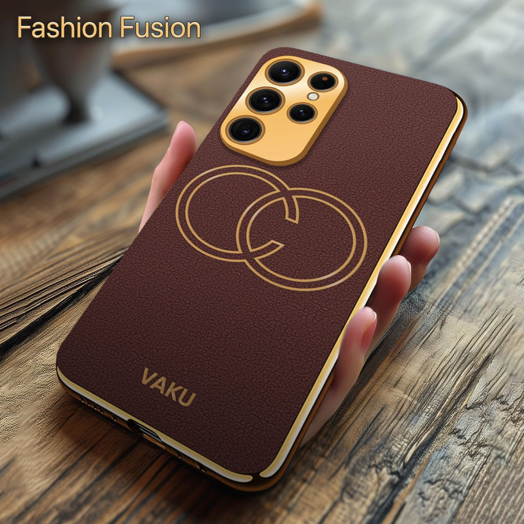 Vaku ® Samsung Galaxy S22 Ultra Skylar Leather Pattern Gold Electroplated Soft TPU Back Cover