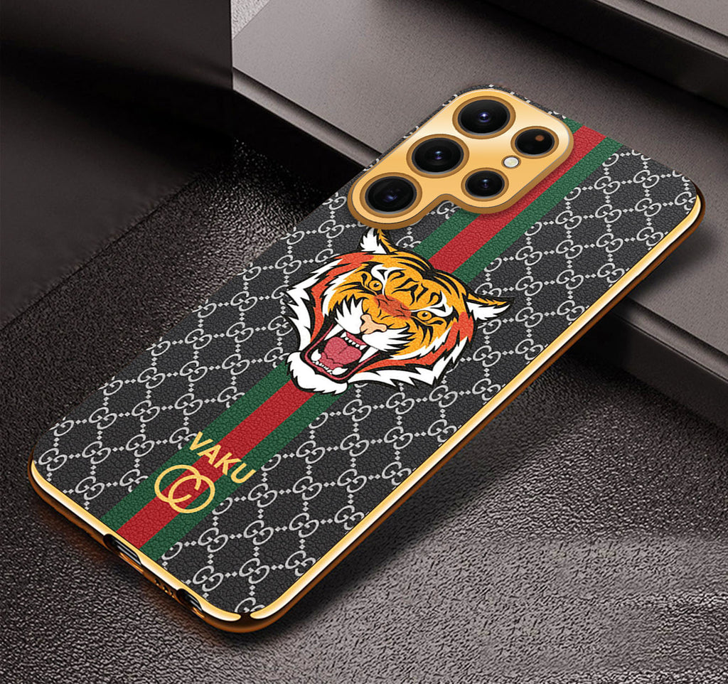 Vaku® Samsung Galaxy S23 Ultra Lynx Leather Stitched Gold Electroplated Soft TPU Back Cover Case