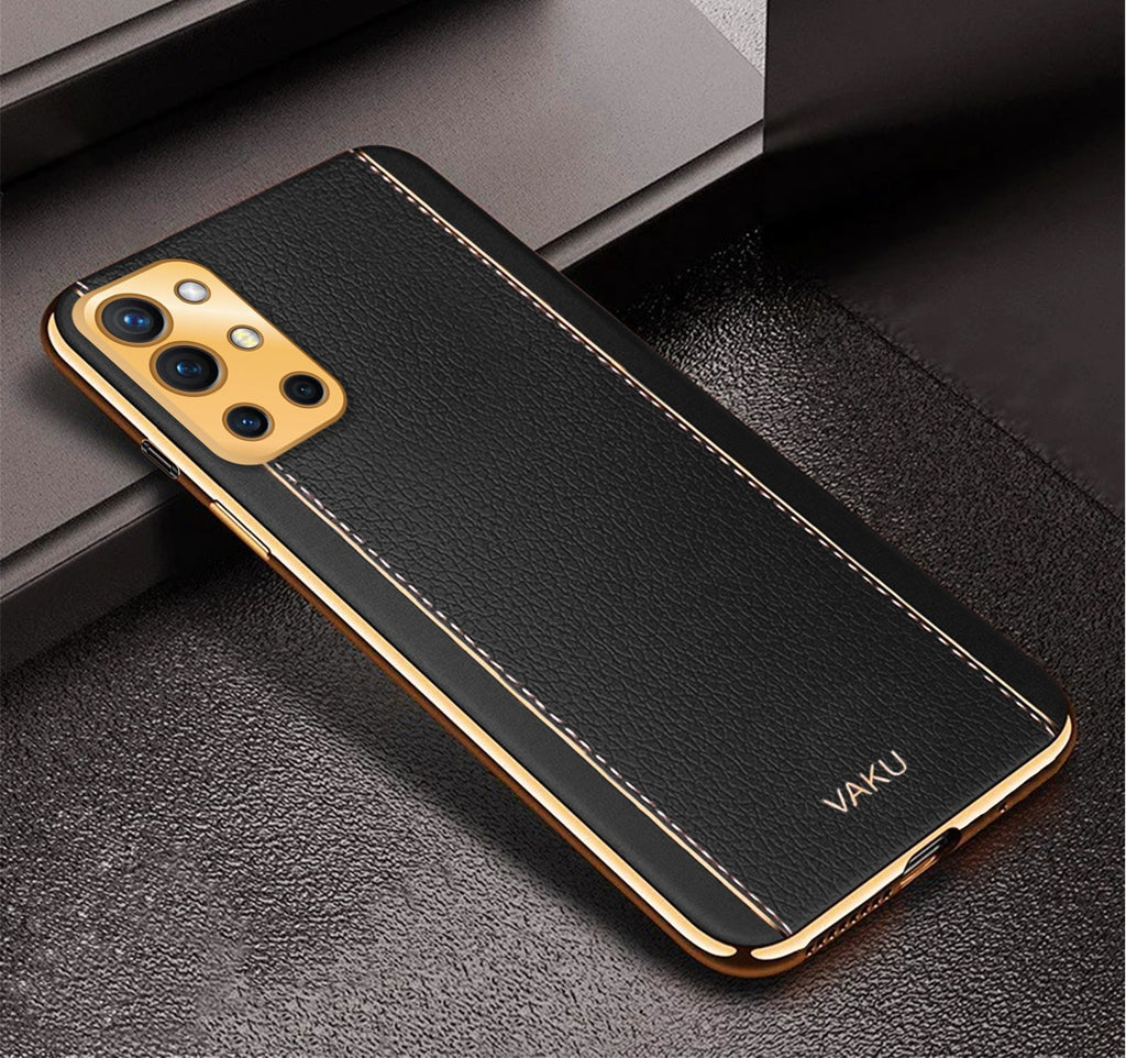 Vaku® Oneplus 9R Luxemberg Series Leather Stitched Gold Electroplated Soft TPU Back Cover