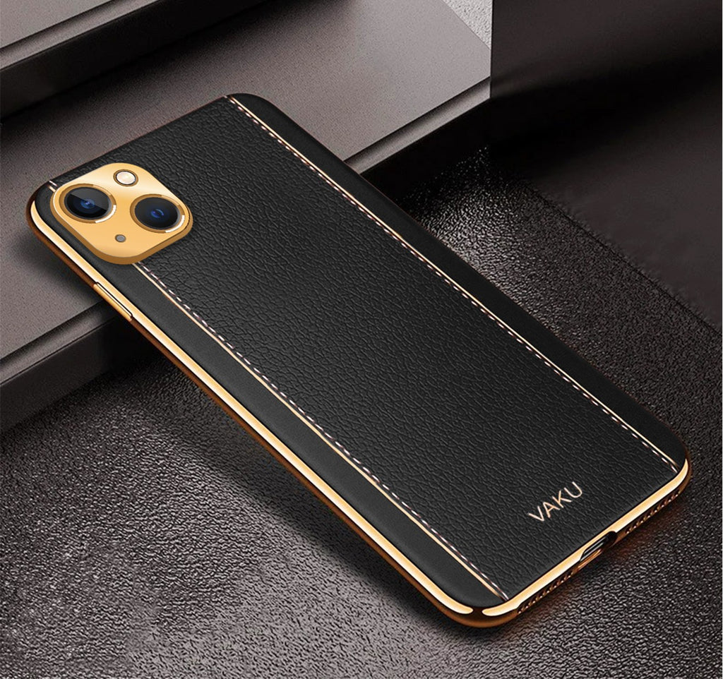 Vaku® For Apple iPhone 13 Luxemberg Series Leather Stitched Gold Electroplated Soft TPU Back Cover