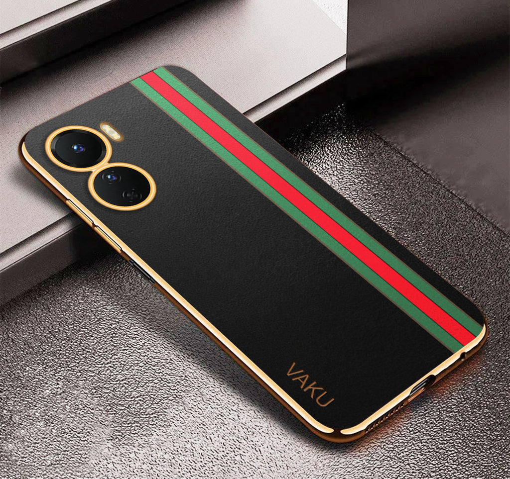 Vaku® Vivo Y16 Felix Line Leather Stitched Gold Electroplated Soft TPU Back Cover Case