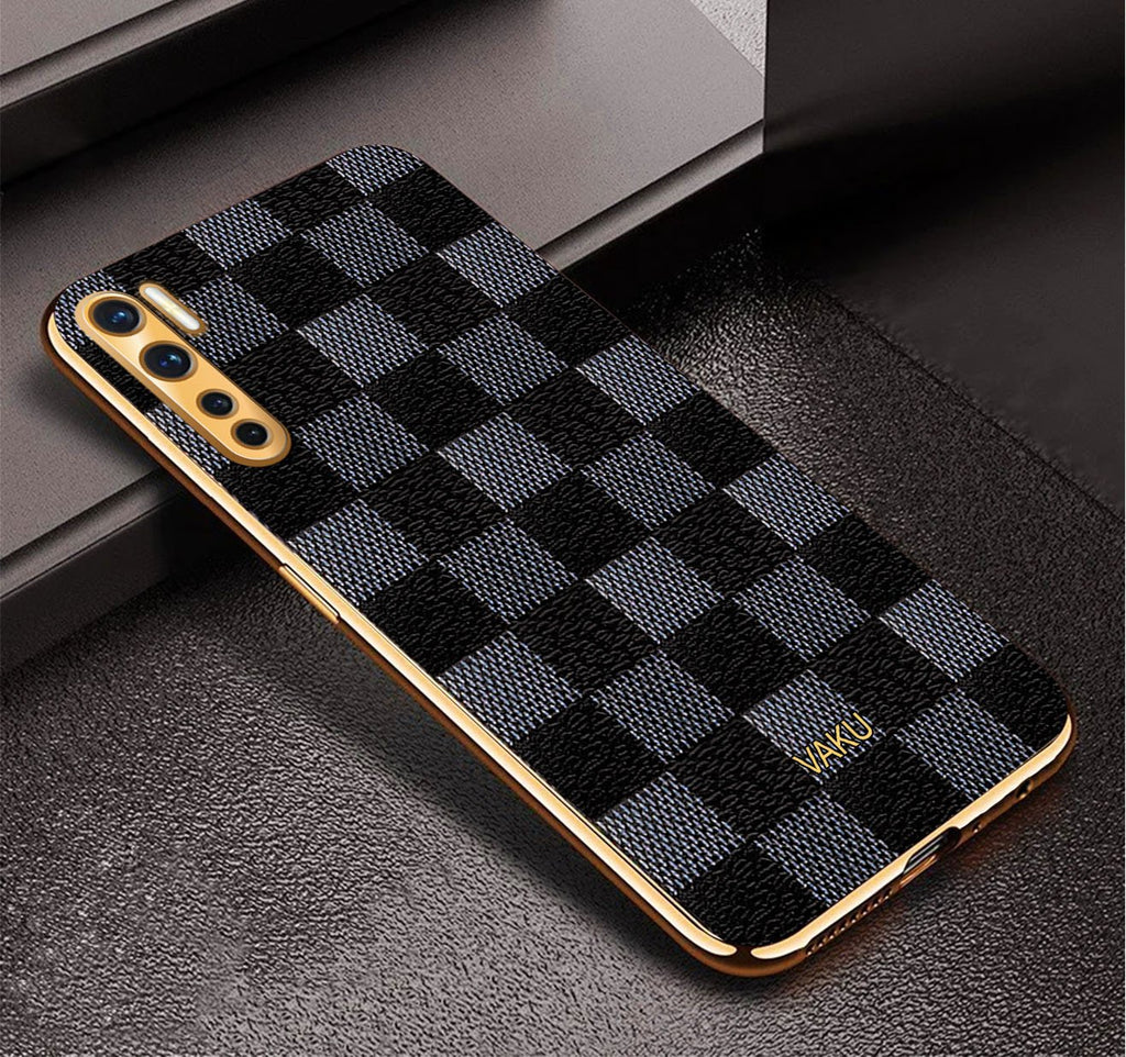 Vaku® Oppo F15 Cheron Series Leather Stitched Gold Electroplated Soft TPU Back Cover