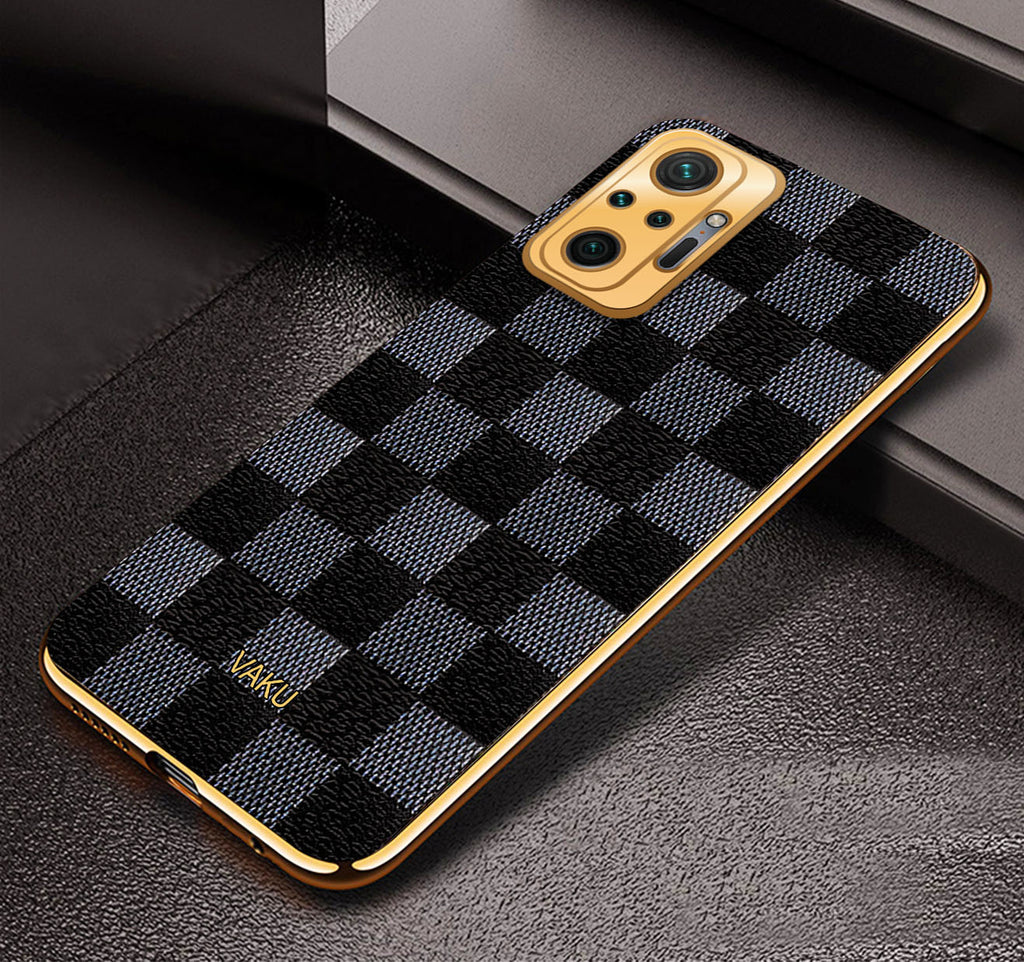 Vaku ® Redmi Note 10 Pro Max Cheron Series Leather Stitched Gold Electroplated Soft TPU Back Cover