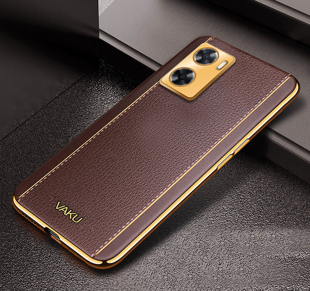 Vaku ® Oppo A57 Luxemberg Series Leather Stitched Gold Electroplated Soft TPU Back Cover