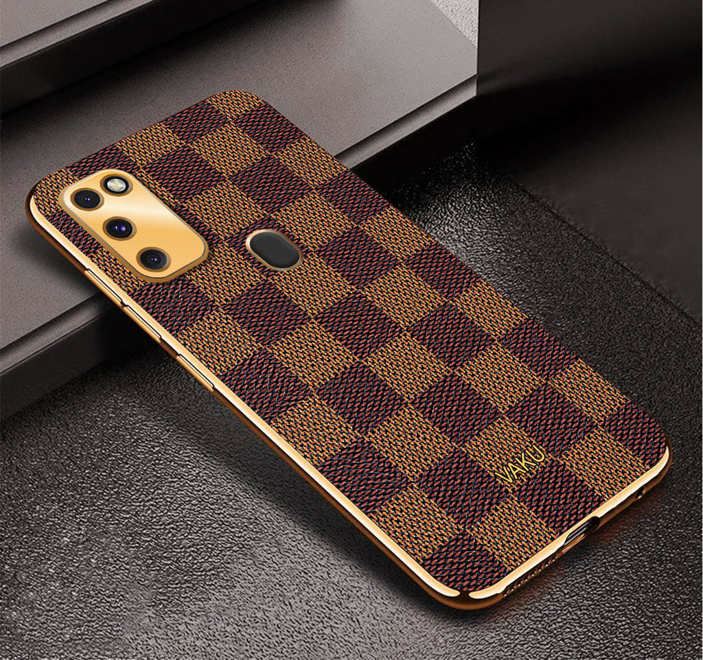 Vaku ® Samsung Galaxy M30S Cheron Series Leather Stitched Gold Electroplated Soft TPU Back Cover