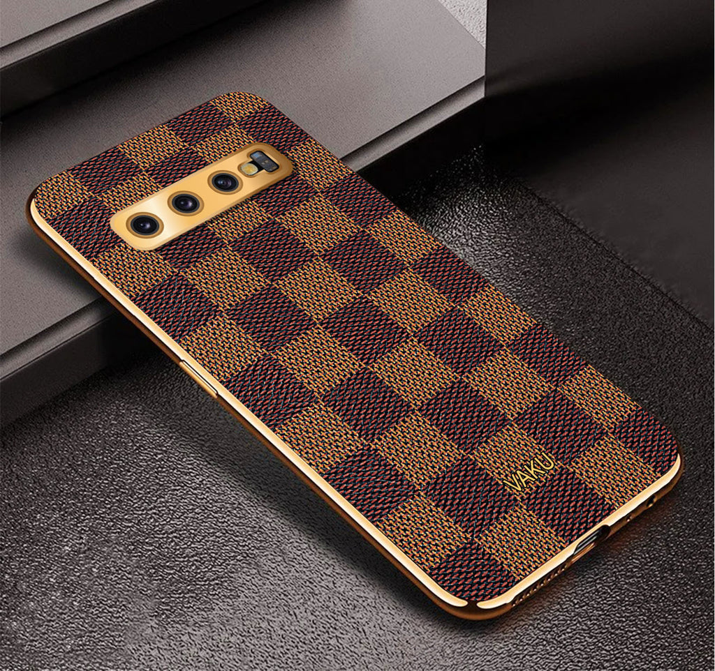 Vaku ® Samsung Galaxy S10 Cheron Series Leather Stitched Gold Electroplated Soft TPU Back Cover