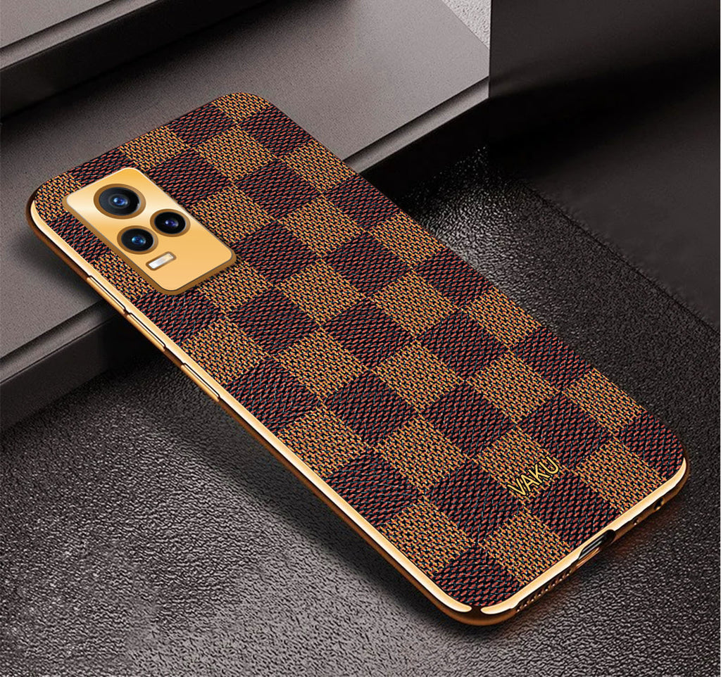 Vaku ® Vivo Y73 Cheron Series Leather Stitched Gold Electroplated Soft TPU Back Cover