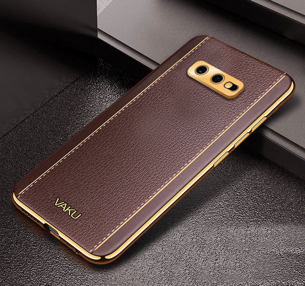 Vaku® Samsung Galaxy S10e Luxemberg Leather Stitched Gold Electroplated Soft TPU Back Cover