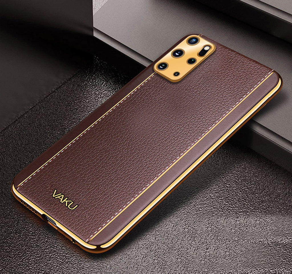 Vaku® Samsung Galaxy S20 Plus Luxemberg Series Leather Stitched Gold Electroplated Soft TPU Back Cover