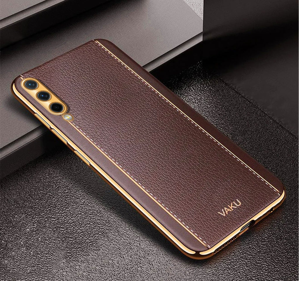 Vaku® Samsung Galaxy A50 Luxemberg Series Leather Stitched Gold Electroplated Soft TPU Back Cover