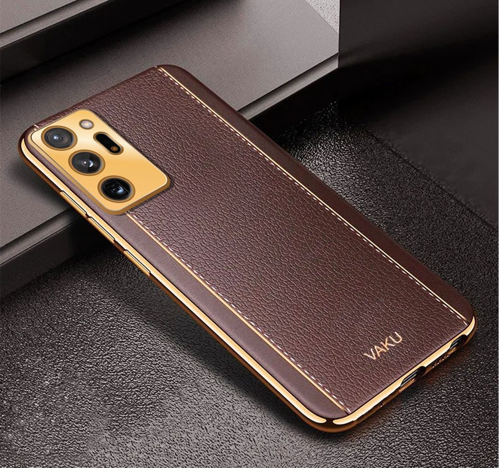 Vaku® Samsung Galaxy Note 20 Ultra Luxemberg Series Leather Stitched Gold Electroplated Soft TPU Back Cover