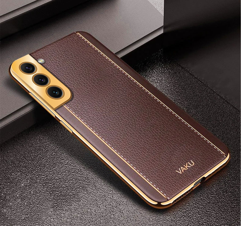Vaku® Samsung Galaxy S21 Luxemberg Series Leather Stitched Gold Electroplated Soft TPU Back Cover