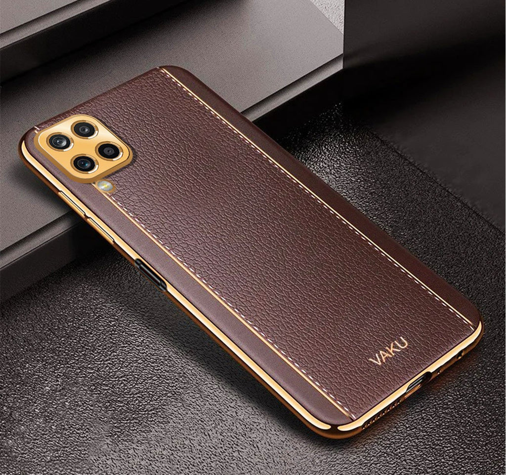 Vaku ® Samsung Galaxy M12 Luxemberg Series Leather Stitched Gold Electroplated Soft TPU Back Cover