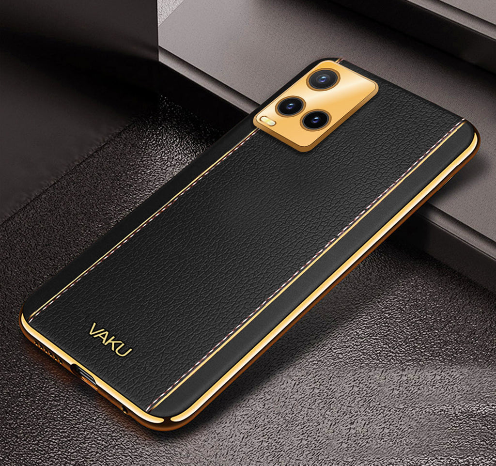 Vaku ® Vivo Y33S Luxemberg Series Leather Stitched Gold Electroplated Soft TPU Back Cover