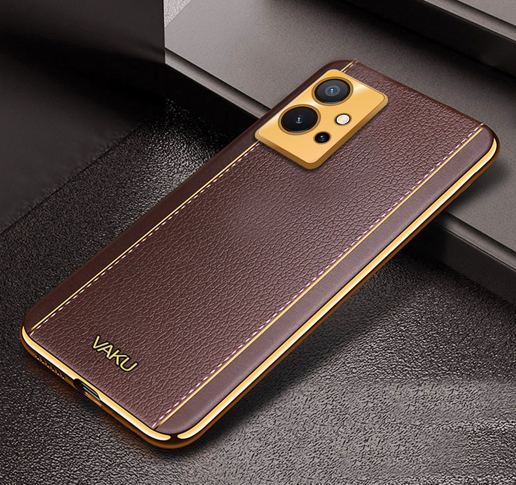 Vaku ® Vivo Y75 5G Luxemberg Series Leather Stitched Gold Electroplated Soft TPU Back Cover