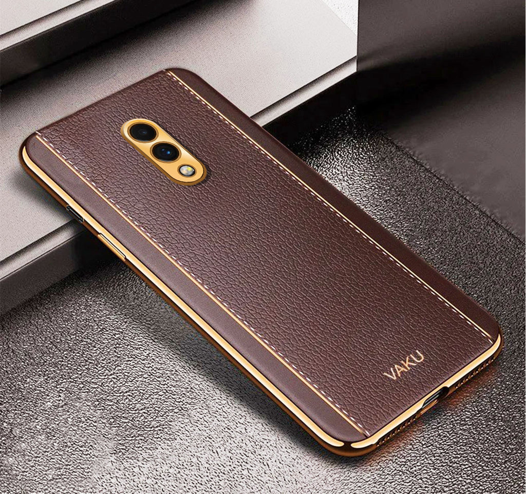 Vaku ® Oneplus 7 Luxemberg Leather Stitched Gold Electroplated Soft TPU Back Cover