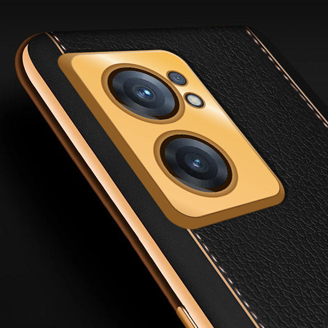 Vaku ® Oneplus Nord Cheron Series Leather Stitched Gold Electroplated –