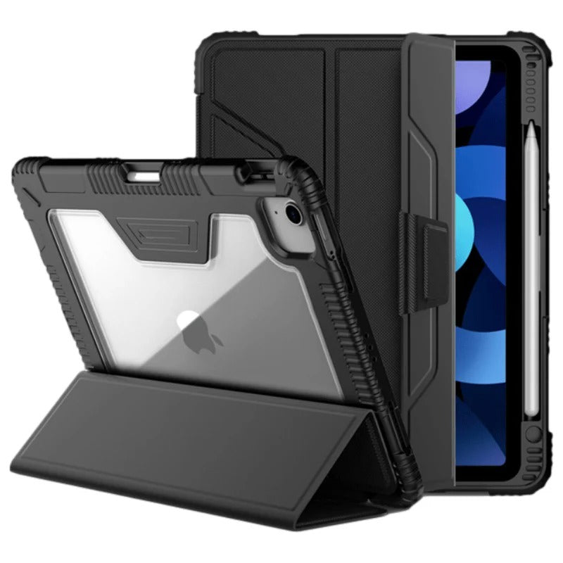 Vaku Luxos® STALWART Bumper Leather with Transparent Back Smart Tri-Fold Pencil Holder Case for Apple iPad 10.2 - Black