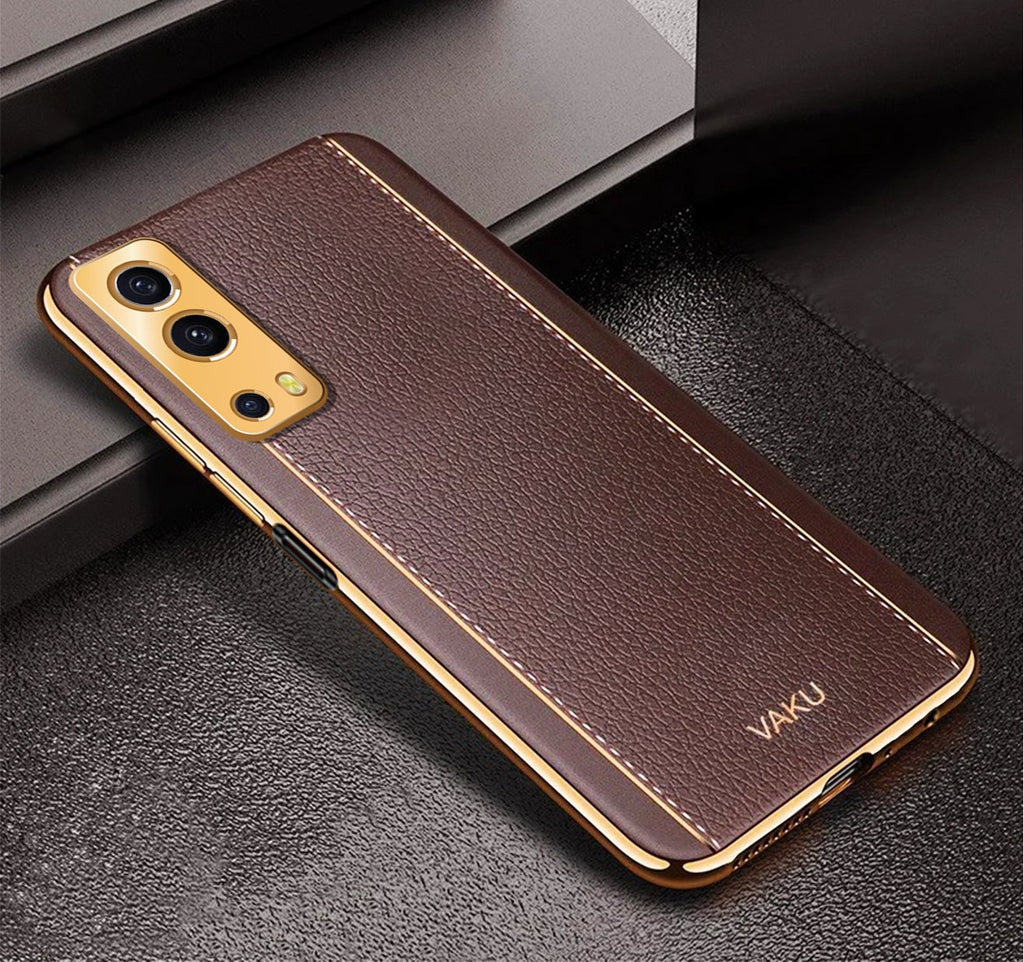 Vaku® Vivo iQoo Z3 5G Luxemberg Series Leather Stitched Gold Electroplated Soft TPU Back Cover